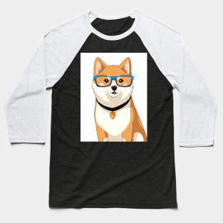 Cute Shiba Inu Dog with Nerdy Blue Glasses - Anime Wallpaper Baseball T-Shirt